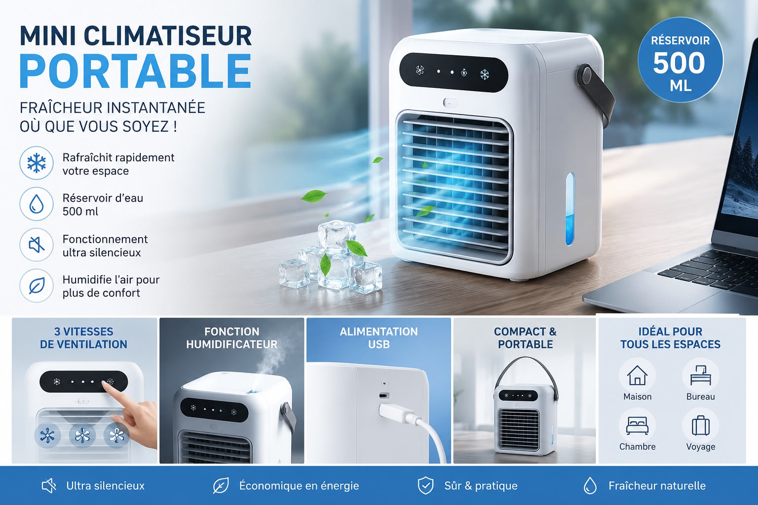 Mini Climatiseur Portable USB – Rafraîchisseur d’Air avec Réservoir 500 ml