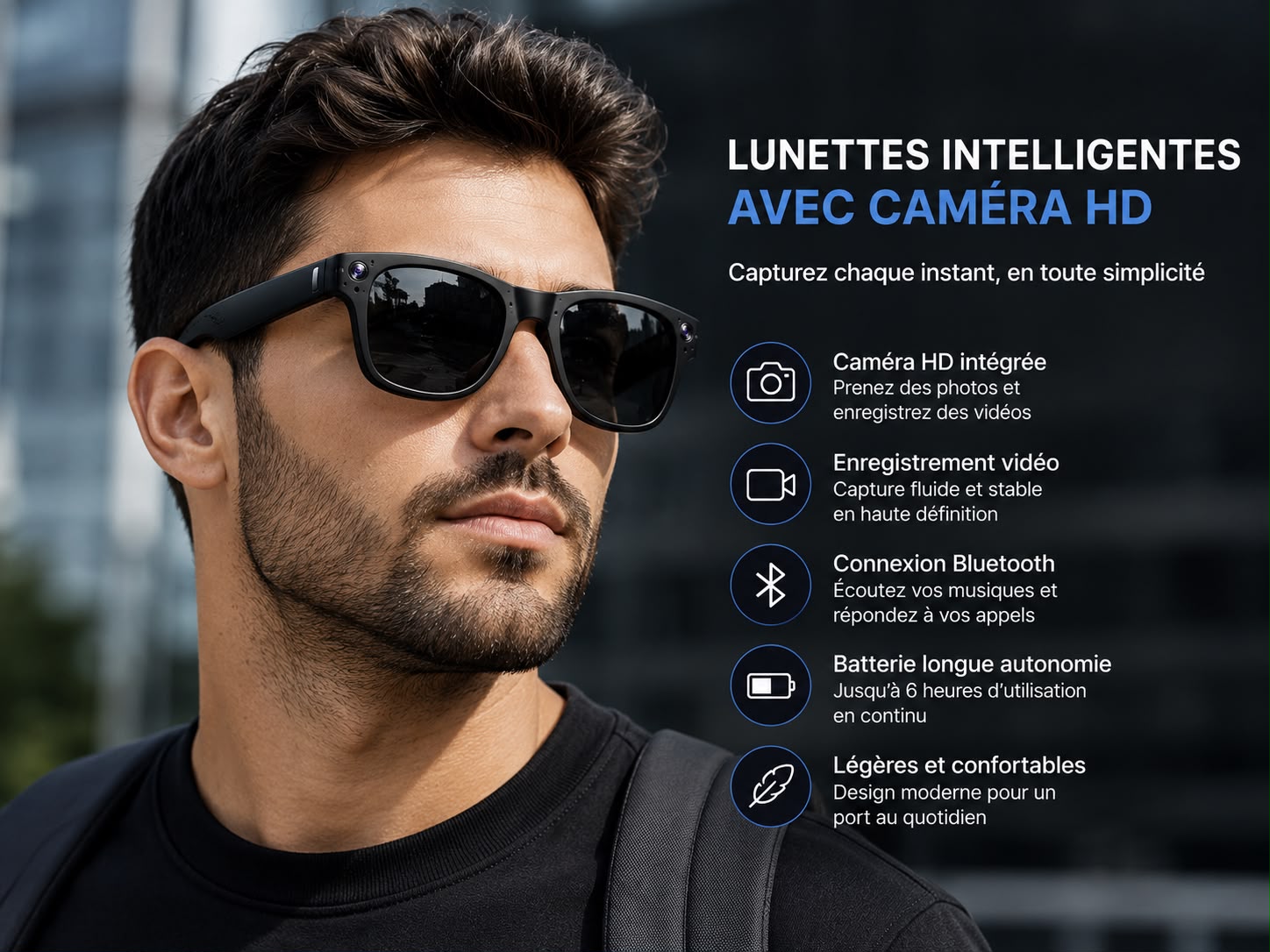 Lunettes Connectées avec Caméra HD et Bluetooth – Capturez chaque instan