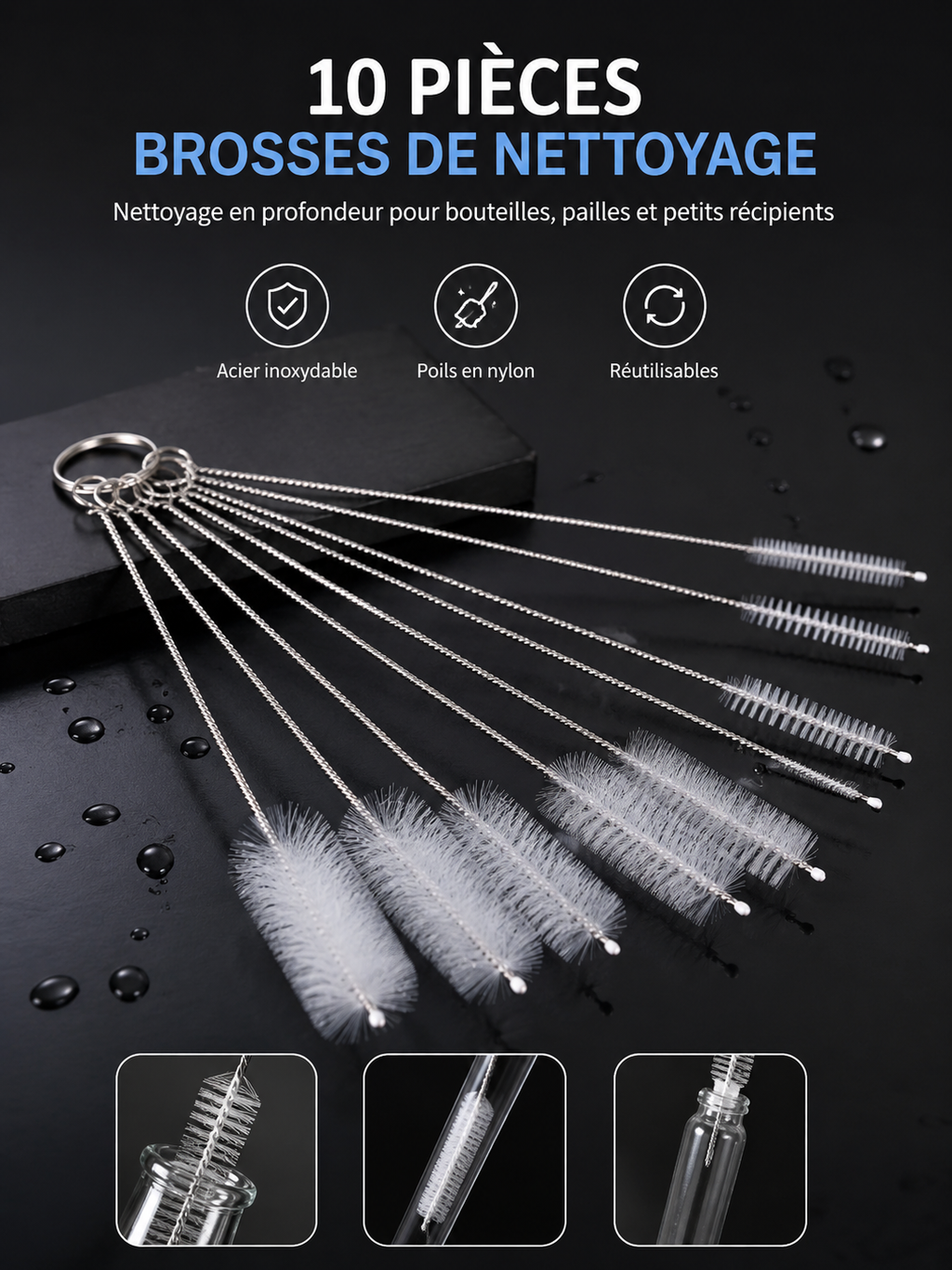 Brosses de nettoyage de bouteilles, 10 pièces, brosse de nettoyage multifonctionnelle en paille réutilisable pour bouteilles