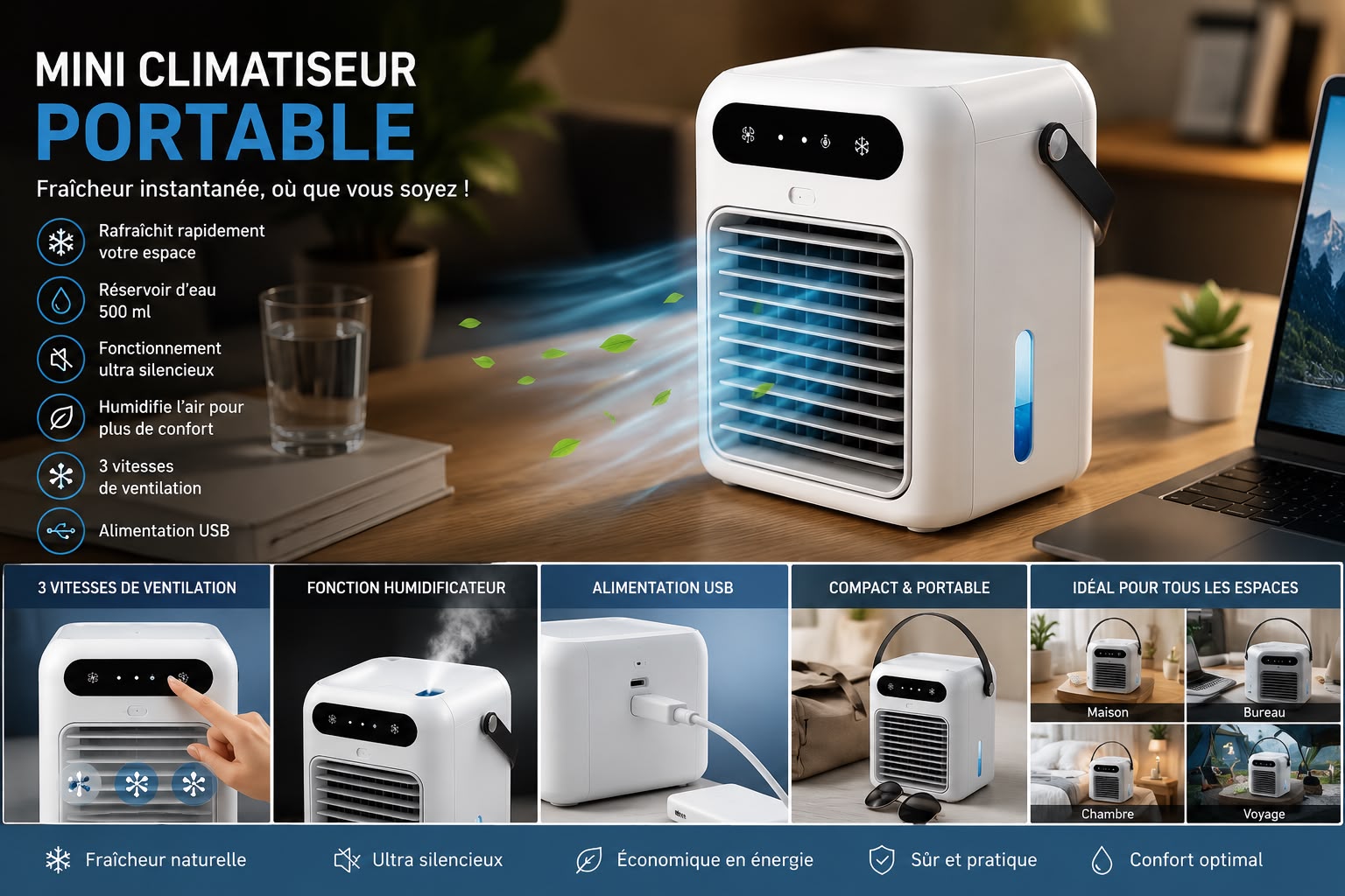 Mini Climatiseur Portable USB – Rafraîchisseur d’Air avec Réservoir 500 ml